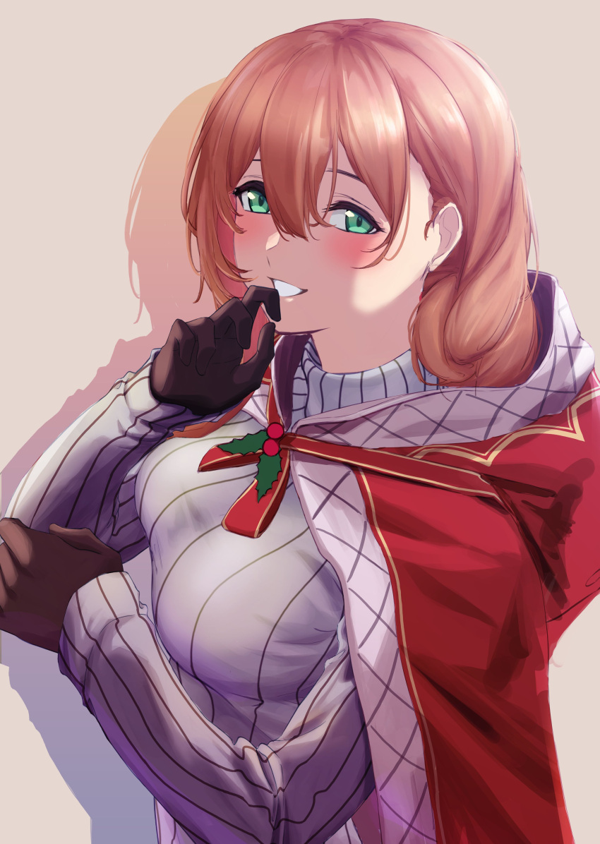 1girl 3_small_spiders absurdres bangs black_gloves blush breasts cloak eyebrows_visible_through_hair finger_to_mouth girls_frontline gloves green_eyes highres long_hair looking_at_viewer medium_breasts official_alternate_costume open_mouth orange_hair red_cloak simple_background smile solo springfield_(girls'_frontline) sweater teeth upper_body white_sweater