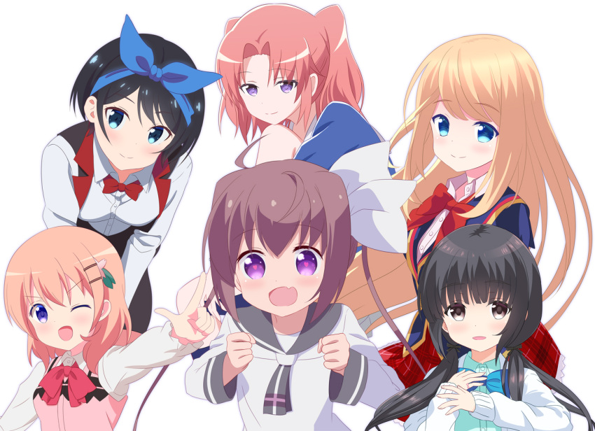 6+girls black_hair blonde_hair blue_eyes blue_hairband blush bow bowtie brown_eyes brown_hair buttons chloe_lemaire closed_mouth collared_shirt crossover derivative_work fang girlfriend_(kari) gochuumon_wa_usagi_desu_ka? grey_sailor_collar hair_ornament hair_ribbon hairband hairclip heart heart-shaped_pupils hoto_cocoa kanojo_okarishimasu long_hair long_sleeves low_twintails mashiro_touko mikakunin_de_shinkoukei momochi_tamate multiple_girls one_eye_closed open_mouth orange_hair pink_vest rabbit_house_uniform red_bow red_bowtie redhead ribbon sailor_collar sarashina_ruka school_uniform serafuku shirt short_hair simple_background skin_fang slow_start smile symbol-shaped_pupils twintails vest violet_eyes white_background white_ribbon white_shirt yonomori_kobeni yutsuki_warabi