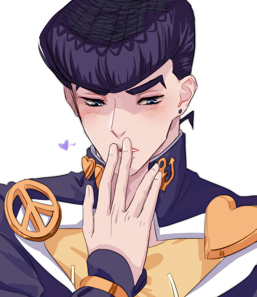 1boy absurdres black_hair blue_eyes blush covering_mouth diamond_wa_kudakenai gakuran heart higashikata_josuke highres jojo_no_kimyou_na_bouken looking_down male_focus peace_symbol portrait purple_hair school_uniform solo wuziky00