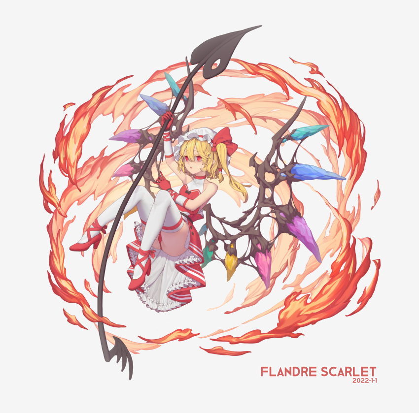 1girl 2022 :o absurdres adapted_costume aqi'erwusanshiyi ass bare_shoulders blonde_hair character_name crystal fire flandre_scarlet full_body gloves hat highres holding holding_polearm holding_weapon laevatein_(touhou) looking_at_viewer mob_cap one_side_up polearm red_eyes simple_background solo touhou upskirt weapon white_background wings