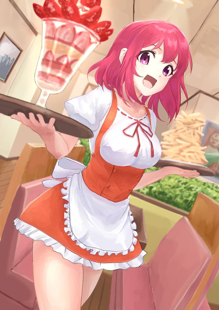 1girl :d absurdres booth_seating breasts dress dutch_angle food french_fries fruit highres holding holding_tray indoors kushieda_minori medium_breasts orange_dress parfait picture_(object) pink_eyes pink_hair praticatan000 restaurant ribbon_trim short_hair smile solo standing strawberry toradora! tray waitress