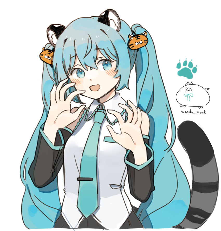 1girl animal_ears artist_logo artist_name black_sleeves blue_eyes blue_hair blue_necktie blush breast_pocket chinese_zodiac claw_pose collared_shirt commentary detached_sleeves english_commentary eyebrows_visible_through_hair hatsune_miku highres long_hair looking_at_viewer necktie open_mouth paw_print pocket shirt simple_background sleeveless sleeveless_shirt smile solo tail tie_clip tiger_ears tiger_hair_ornament tiger_tail twintails upper_body vocaloid wandu_muk white_background white_shirt year_of_the_tiger