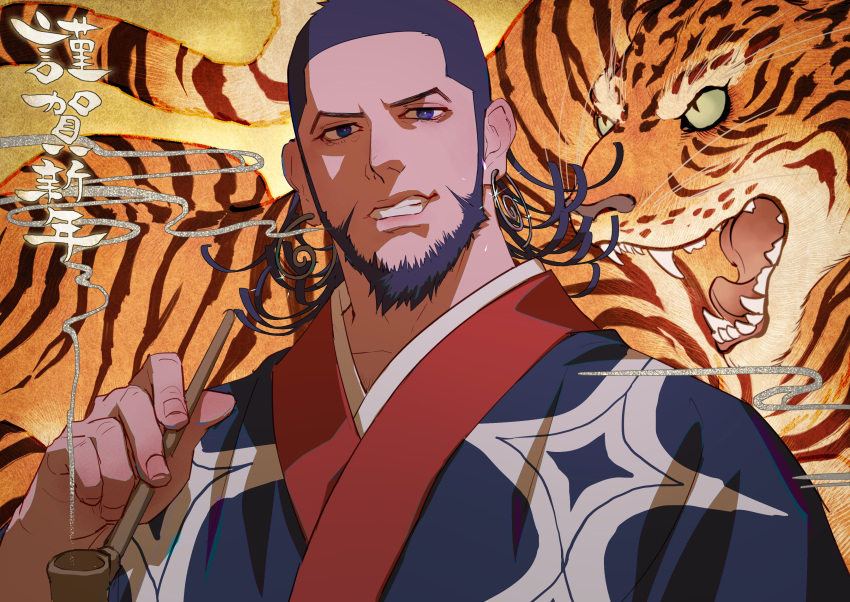 1boy absurdres blue_eyes blue_hair blue_kimono ear_piercing earrings facial_hair golden_kamuy highres holding holding_pipe hoop_earrings japanese_clothes jewelry kimono kiroranke looking_at_viewer piercing pipe reman_kamuy short_hair tiger upper_body