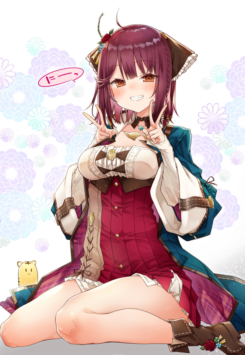 1girl 2022 :d alt_(ctrldel) atelier_(series) atelier_sophie bare_shoulders blue_coat blush boots braid breasts brown_eyes coat commentary_request double_v dress floral_background flower full_body grin hair_flower hair_ornament hands_on_own_chest hands_up happy highres jewelry legs looking_at_viewer medium_breasts medium_hair necklace on_ground open_clothes open_coat red_dress redhead single_braid sitting smile solo sophie_neuenmuller striped striped_dress thighs v vertical-striped_dress vertical_stripes wide_sleeves
