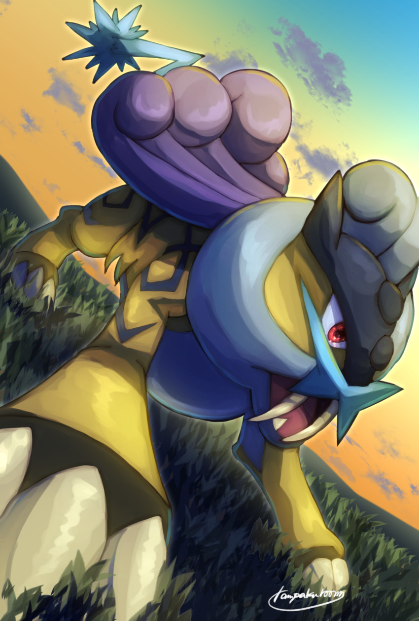 claws clouds commentary_request from_below grass highres no_humans open_mouth outdoors pokemon pokemon_(creature) raikou red_eyes sky solo standing tanpakuroom tusks twilight