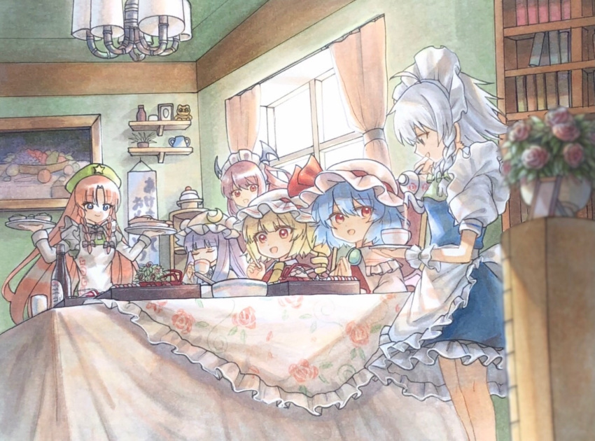 6+girls adapted_costume akeome alternate_costume apron ascot bangs black_bow black_bowtie blonde_hair blue_dress blue_eyes blue_hair bookshelf bow bowtie braid brooch closed_eyes crescent crescent_hat_ornament cup curtains dress drill_hair drinking enmaided flandre_scarlet flower food green_bow green_dress green_headwear grey_hair hair_bow happy_new_year hat hat_ornament head_wings hisako_(6anmbblfnjueeff) holding holding_cup hong_meiling indoors izayoi_sakuya jewelry juliet_sleeves kagami_mochi koakuma long_hair long_sleeves maid maid_headdress mob_cap multiple_girls new_year one_side_up open_mouth painting_(object) patchouli_knowledge pink_headwear plant potted_plant pouring puffy_short_sleeves puffy_sleeves purple_hair red_ascot red_eyes redhead remilia_scarlet rose shelf shirt short_hair short_sleeves sitting smile star_(symbol) star_hat_ornament table tablecloth teacup teapot touhou twin_braids white_headwear white_shirt window wrist_cuffs yellow_ascot