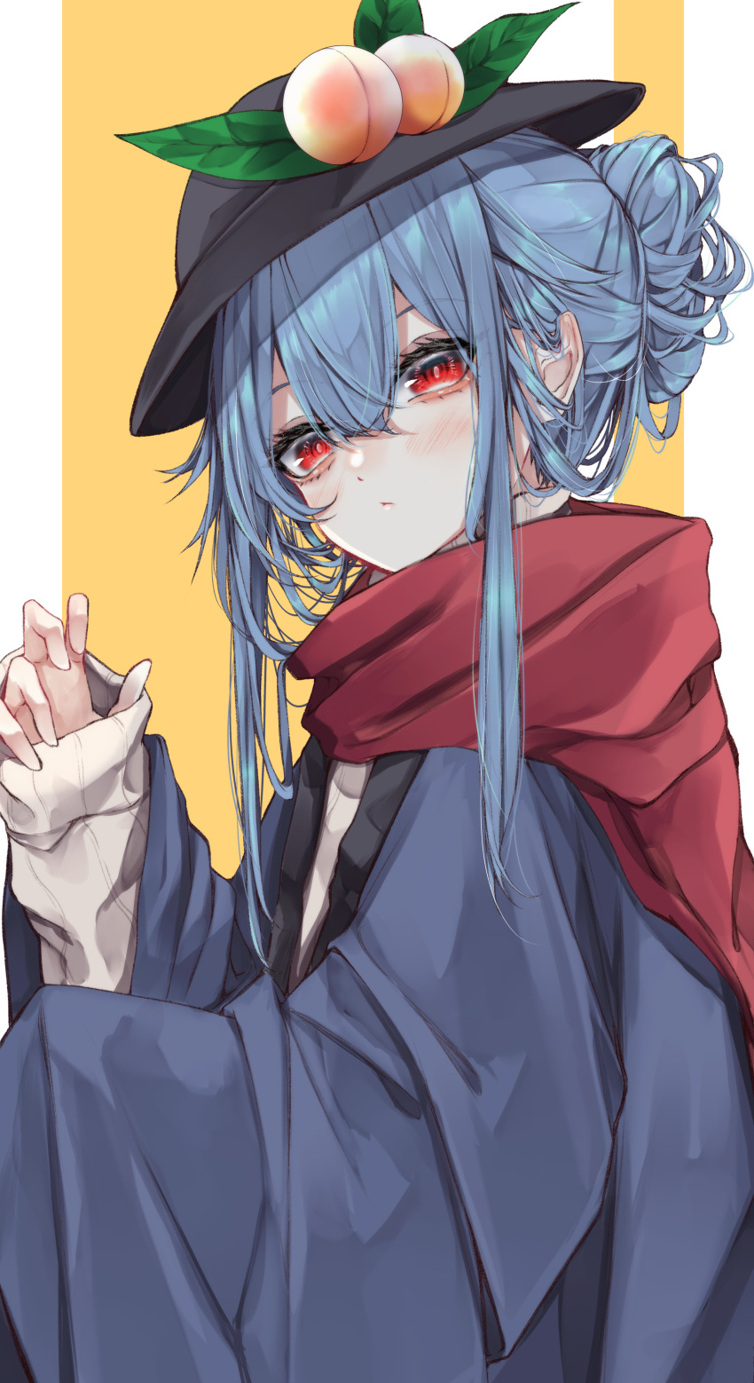 1girl absurdres alternate_costume black_headwear blue_hair blush closed_mouth food fruit hair_between_eyes happi hat highres hinanawi_tenshi japanese_clothes long_hair peach red_eyes red_scarf scarf sleeves_past_wrists solo sweater touhou tsune_(tune) upper_body white_sweater