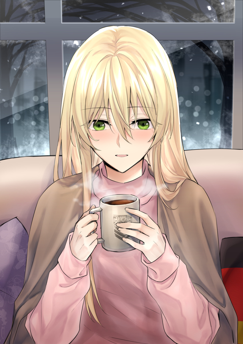 1girl bangs blonde_hair blush couch cup eyebrows_visible_through_hair german_flag girls_frontline green_eyes grifon_&amp;_kryuger hair_between_eyes highres holding holding_cup hot_chocolate long_hair looking_at_viewer looking_down open_mouth pink_shirt plaid shirt sitting solo stg44_(girls'_frontline) suprii turtleneck upper_body window winter