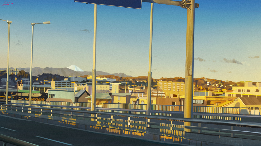 absurdres banishment blue_sky building city cityscape clouds commentary_request highres lamppost morning mount_fuji mountain mountainous_horizon no_humans original power_lines railing road road_sign scenery sign sky sunlight utility_pole