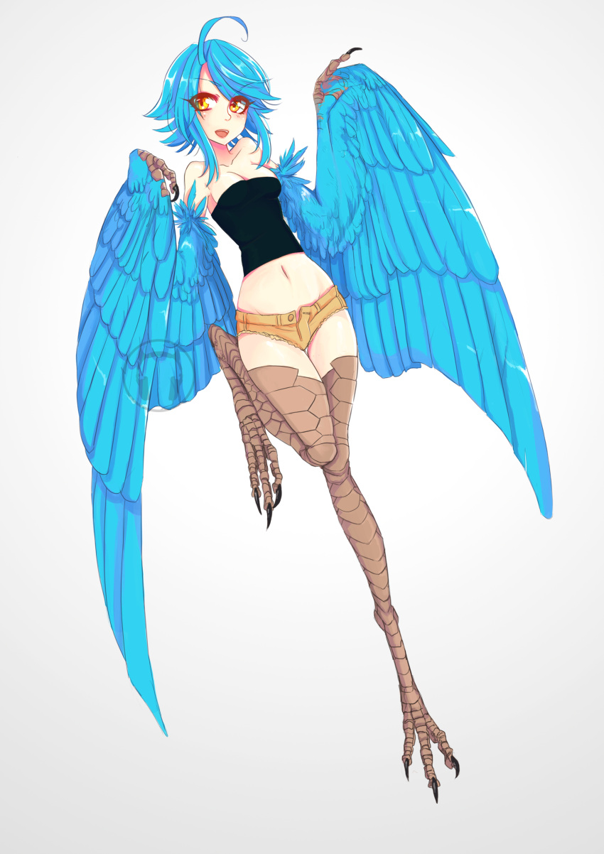 1girl absurdres ahoge animal_hands bangs bare_shoulders bird_legs blue_hair blue_wings breasts claws eyebrows_visible_through_hair feathered_wings feathers harpy highres midriff monster_girl monster_musume_no_iru_nichijou navel open_mouth papi_(monster_musume) savamther short_hair short_shorts shorts sidelocks simple_background small_breasts solo talons watermark white_background winged_arms wings yellow_eyes
