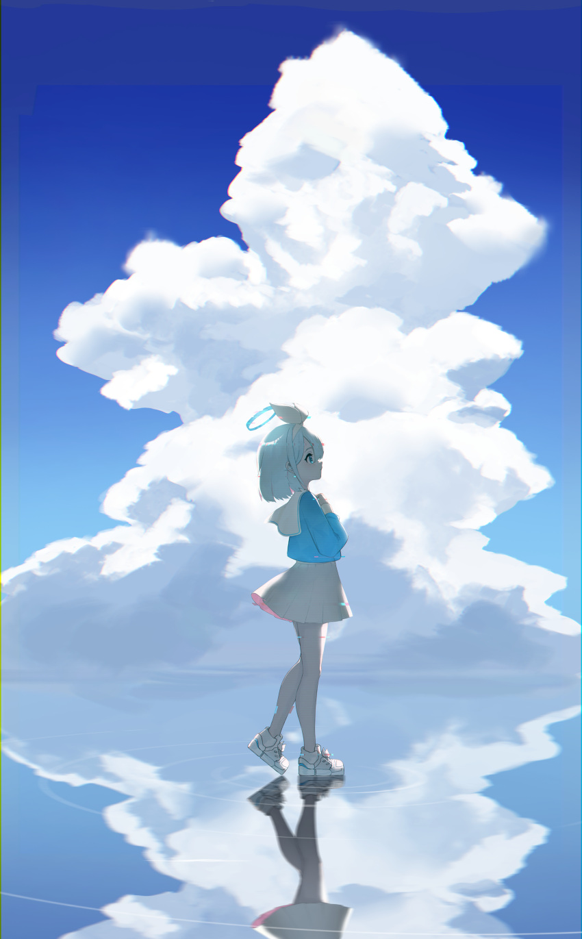 1girl absurdres arona_(blue_archive) black_skirt blue_archive blue_eyes blue_hair blue_shirt blue_sky clouds commentary_request day from_side full_body hairband halo hand_up highres miniskirt nasir outdoors pleated_skirt profile reflection sailor_collar shirt shoes short_hair skirt sky sneakers solo standing water water_world white_footwear white_sailor_collar