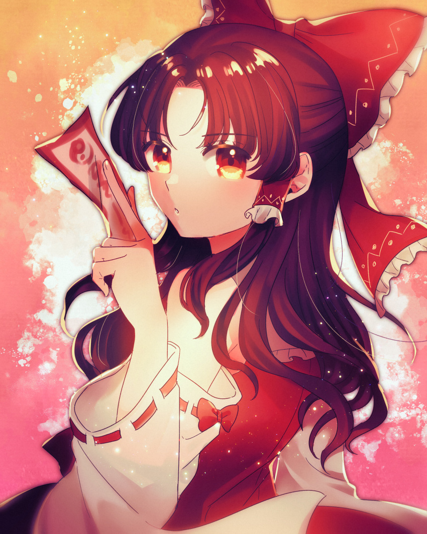 1girl absurdres bangs bow brown_hair detached_sleeves eyebrows_visible_through_hair floating_hair frilled_bow frilled_hair_tubes frills from_side hair_bow hair_intakes hair_tubes hakurei_reimu highres hitosaji holding long_hair long_sleeves print_bow red_bow red_eyes red_shirt ribbon-trimmed_sleeves ribbon_trim shiny shiny_hair shirt sleeveless sleeveless_shirt solo touhou upper_body white_sleeves
