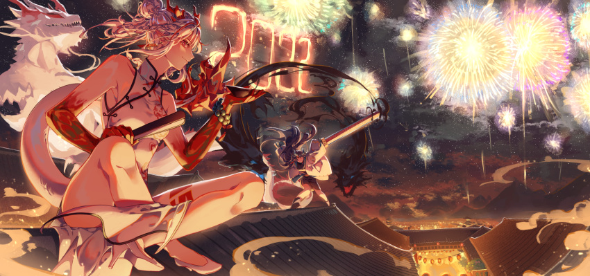 2022 2girls arknights china_dress chinese_clothes dragon dragon_girl dragon_horns dragon_tail dress dusk_(arknights) fireworks flame-tipped_tail happy_new_year highres horns kikan_(kikanoe) multiple_girls new_year nian_(arknights) nian_(unfettered_freedom)_(arknights) official_alternate_costume siblings sisters tail