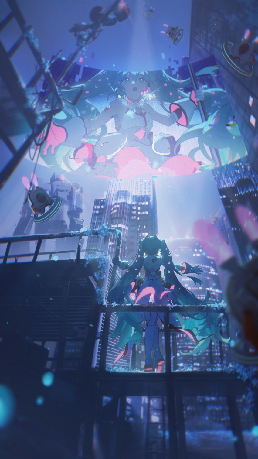 1girl :o absurdres aqua_eyes aqua_hair building city commentary eyebrows_visible_through_hair facing_away from_below hair_between_eyes hatsune_miku highres holding holographic_monitor konya_karasu_kou long_hair looking_up night outstretched_arms scenery skyscraper spread_arms standing twintails vocaloid
