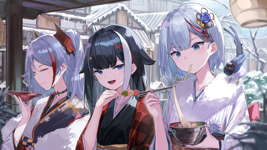 3girls 7gao admiral_graf_spee_(azur_lane) alcohol alternate_costume azur_lane black_hair black_kimono blue_eyes bowl chopsticks closed_eyes commentary_request cup deutschland_(azur_lane) eating floral_print flower food gradient_hair hair_ornament highres holding holding_bowl holding_chopsticks japanese_clothes kimono long_hair mochi multicolored_hair multiple_girls new_year official_alternate_costume open_mouth outdoors prinz_eugen_(azur_lane) prinz_eugen_(profusion_of_flowers)_(azur_lane) redhead sakazuki sake short_hair silver_hair upper_body white_kimono