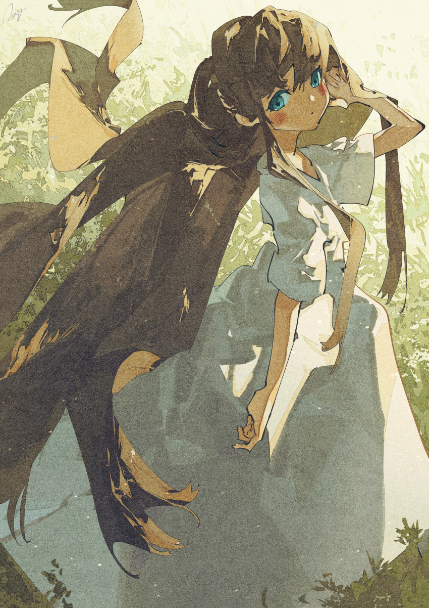 1girl :o absurdres bangs blue_eyes blush brown_hair commentary day dress eyebrows_visible_through_hair floating_hair full_body grass hair_between_eyes hand_in_hair highres long_hair looking_at_viewer original outdoors parted_lips potg_(piotegu) solo standing sundress sunlight white_dress