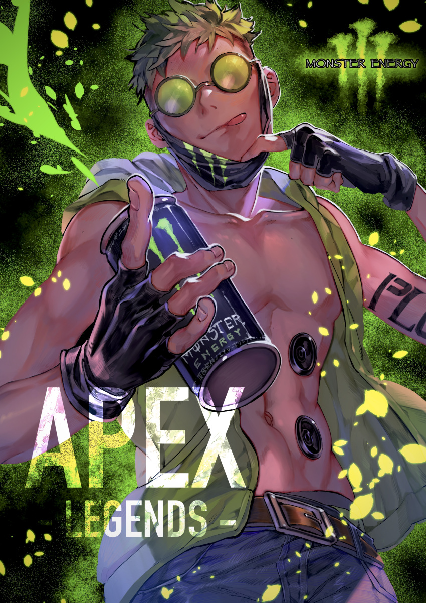 1boy abs absurdres apex_legends arm_tattoo bare_pectorals belt black_gloves brown_belt can copyright_name denim fingerless_gloves gloves green_hair green_hoodie highres holding holding_can hood hoodie jeans kawaniwa logo male_focus mask_pull monster_energy navel octane_(apex_legends) pants pectorals sleeveless sleeveless_hoodie solo sunglasses tattoo tongue tongue_out undercut