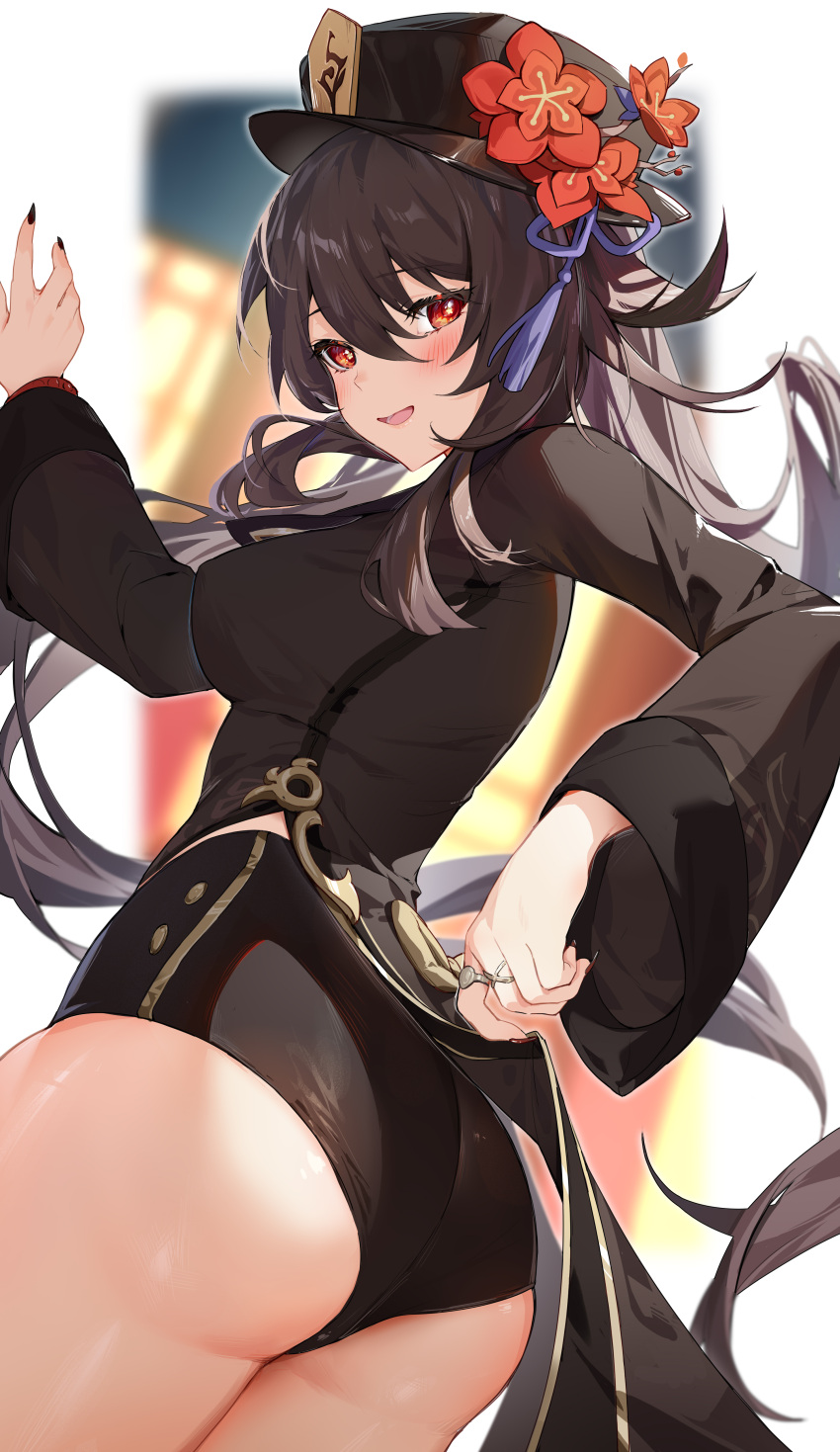 1girl absurdres ass bangs black_nails black_shorts blurry blurry_background blush breasts brown_hair chinese_clothes coattails floating_hair flower genshin_impact hair_between_eyes hand_up hat highres houkiboshi_(mmjw7432) hu_tao_(genshin_impact) jewelry long_hair long_sleeves looking_at_viewer multiple_rings plum_blossoms porkpie_hat red_eyes ring shorts smile solo symbol-shaped_pupils tassel thighs twintails very_long_hair
