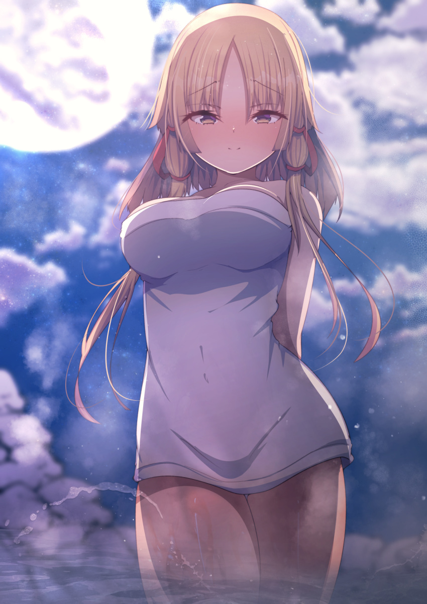 1girl arms_behind_back bangs bare_shoulders blonde_hair blue_sky blush breasts closed_mouth clouds cloudy_sky commentary_request darumoon eyebrows_visible_through_hair hair_between_eyes hair_ornament highres lake large_breasts light looking_at_viewer medium_hair moon moonlight moriya_suwako multicolored_eyes naked_towel night night_sky no_hat no_headwear off_shoulder parted_bangs shadow sky smile solo standing thighs tied_hair touhou towel violet_eyes water wet yellow_eyes