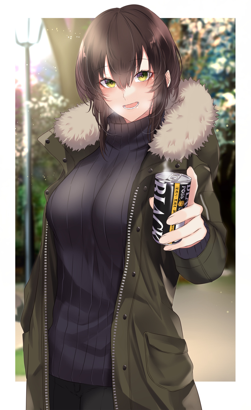 1girl absurdres black_hair black_pants black_sweater blurry blurry_background border can canned_coffee eyebrows_visible_through_hair fur-trimmed_jacket fur_trim green_eyes green_jacket hair_between_eyes highres holding holding_can jacket lantern looking_at_viewer onineko-chan open_clothes open_jacket open_mouth original outdoors outstretched_arm pants short_hair steam sweater turtleneck turtleneck_sweater visible_air white_border