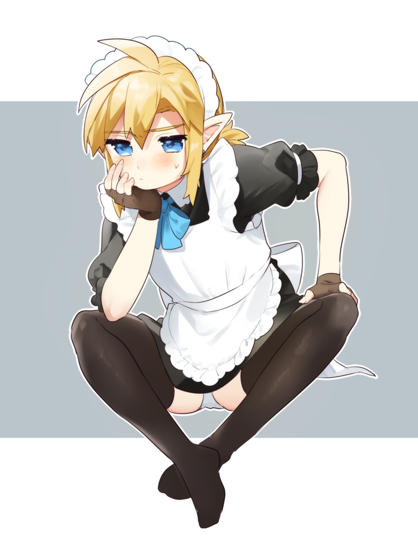 1boy ahoge apron ass bangs blonde_hair blue_bow blue_bowtie blush bow bowtie brown_gloves brown_legwear commentary_request fingerless_gloves gloves grey_background grey_panties hand_up highres link maid maid_headdress no_shoes outline panties pointy_ears ponytail shiny shiny_hair short_sleeves sweatdrop the_legend_of_zelda the_legend_of_zelda:_breath_of_the_wild thigh-highs ttanuu. underwear white_apron white_background white_outline
