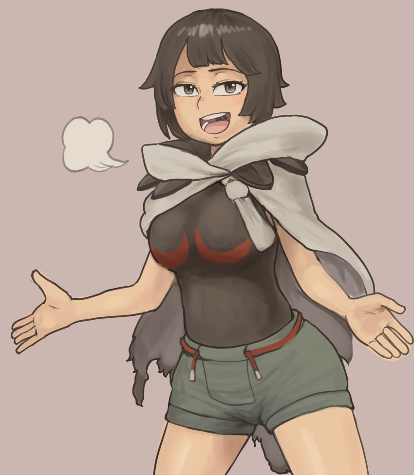 1girl absurdres black_hair black_shirt cape chanta_(ayatakaoisii) cowboy_shot green_shorts grey_background grey_cape grey_eyes highres hood hooded_cape looking_at_viewer open_mouth pokemon pokemon_(game) pokemon_oras shirt shirt_tucked_in short_hair shorts simple_background sleeveless smile solo zinnia_(pokemon)