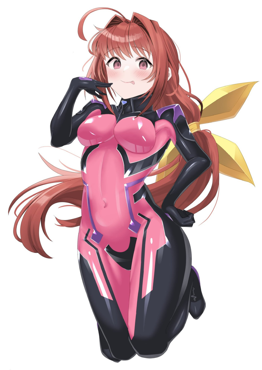 1girl airborne bangs blush bow breasts covered_navel eyebrows_visible_through_hair finger_to_cheek floating_hair fortified_suit hair_bow hair_intakes hand_on_hip highres kagami_sumika long_hair looking_at_viewer low_ponytail medium_breasts muvluv muvluv_alternative open_mouth pilot_suit red_eyes redhead shiragi9 skin_tight smile solo very_long_hair white_background yellow_bow