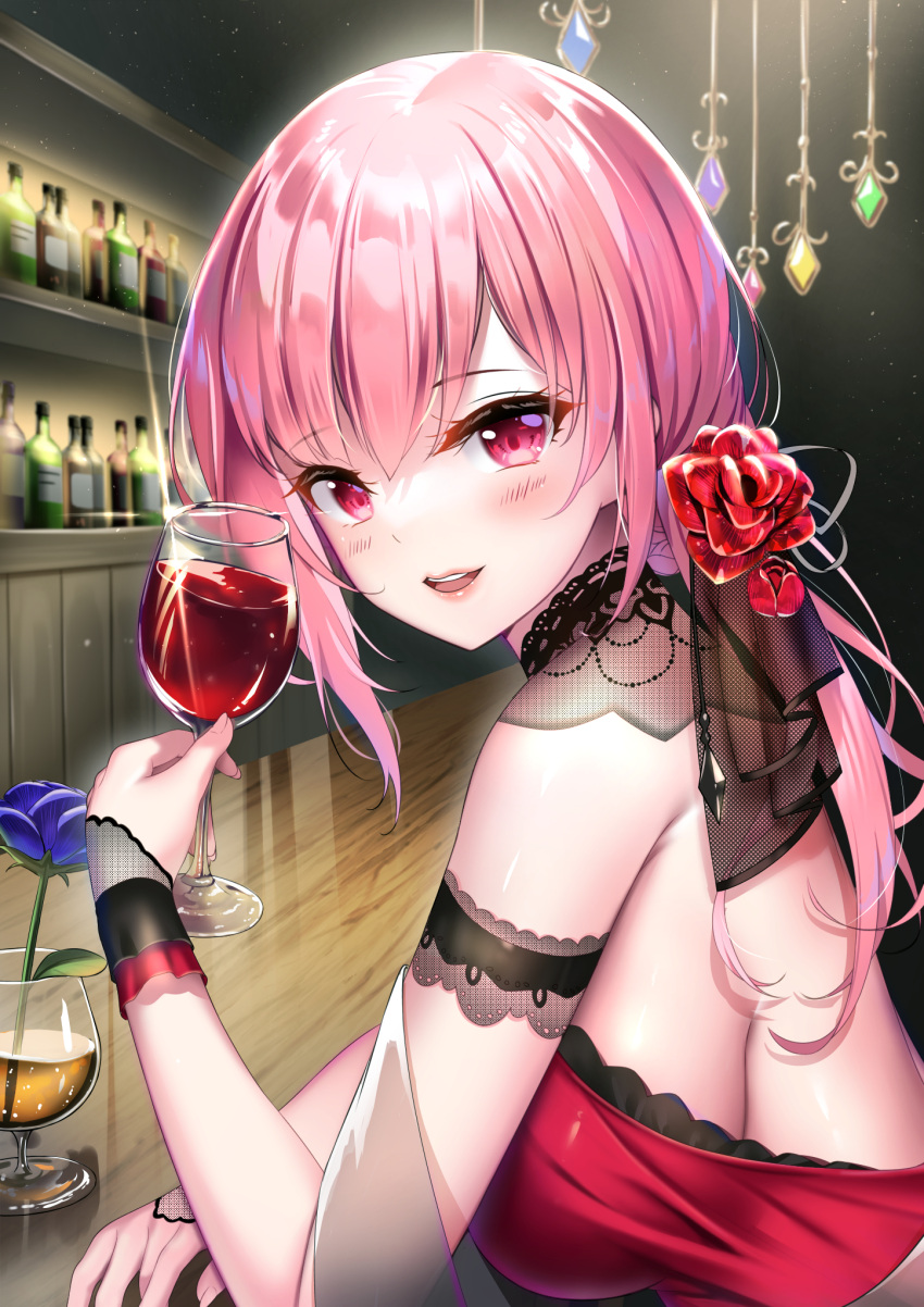 1girl alcohol bangs blue_flower blue_rose blush bottle breasts commentary cup dress drinking_glass eyebrows_visible_through_hair flower from_side hair_between_eyes highres holding holding_cup hololive hololive_english looking_at_viewer looking_to_the_side medium_breasts mori_calliope pink_hair red_dress red_eyes red_flower revision rose smile solo teeth upper_body upper_teeth virtual_youtuber wine wine_glass yan_(nicknikg)