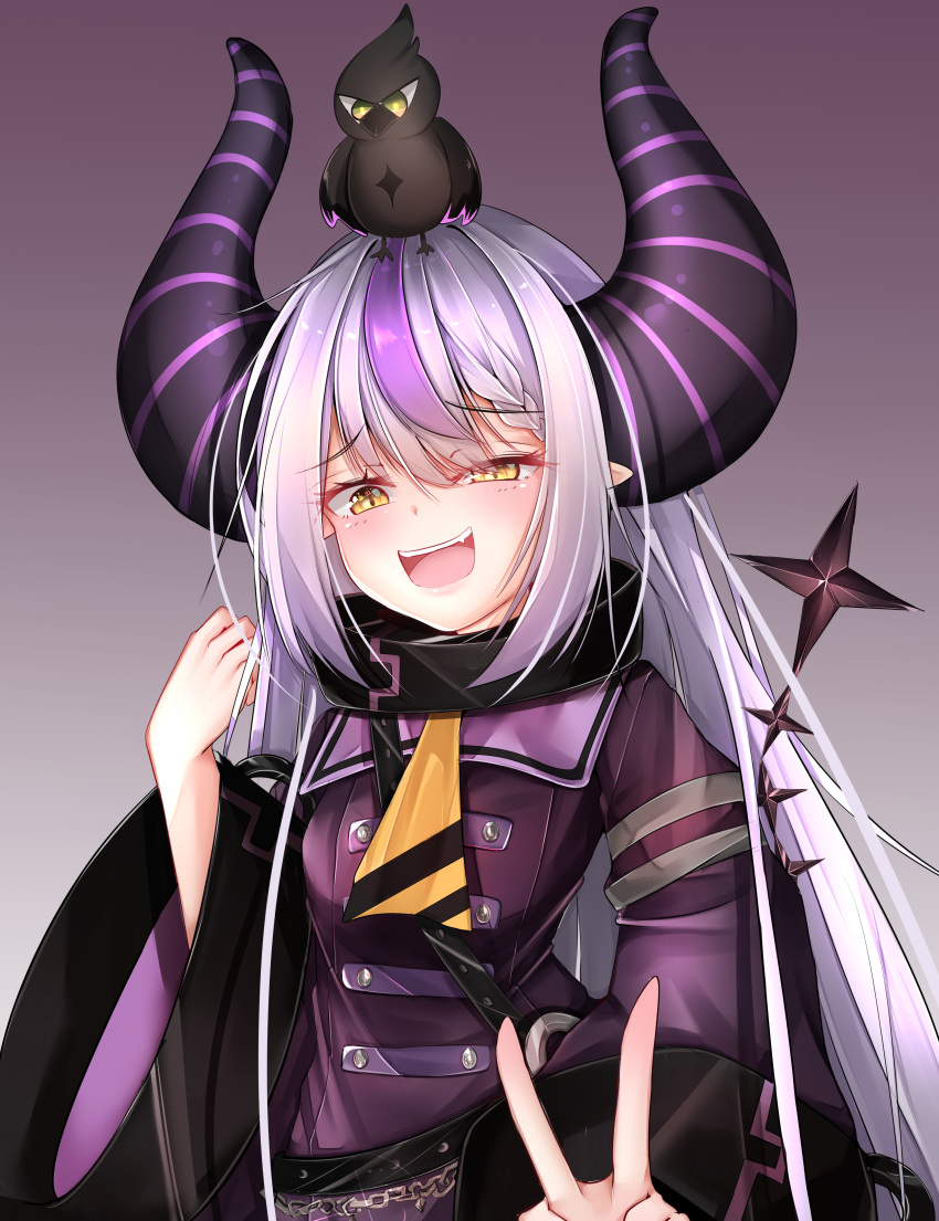 1girl absurdres bangs black_horns buttons crow_(la+_darknesss) demon_girl demon_horns double-breasted eyebrows_visible_through_hair hair_between_eyes highres hololive horns la+_darknesss long_hair looking_at_viewer multicolored_hair pointy_ears purple_hair sera4 silver_hair sleeves_past_fingers sleeves_past_wrists smirk smug solo straight_hair streaked_hair striped_horns tail v virtual_youtuber wide_sleeves yellow_eyes