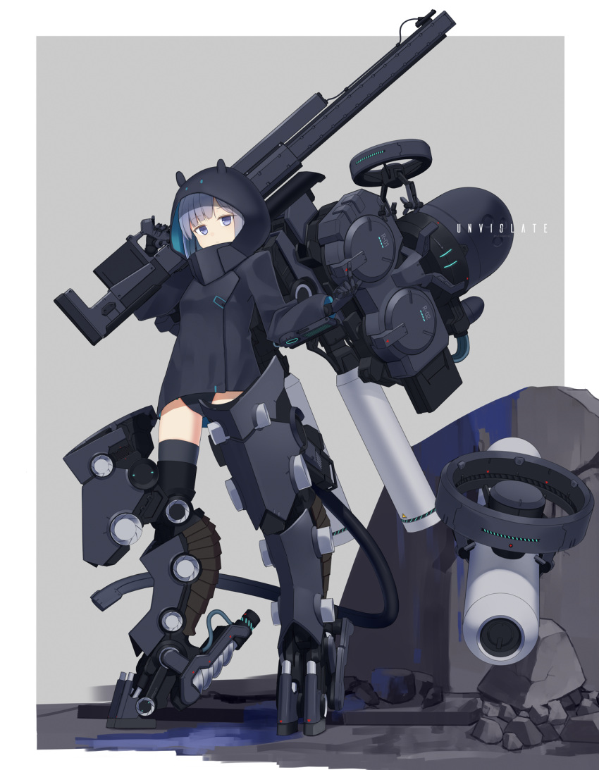 1girl blue_eyes blue_hair border commentary_request english_text expressionless eyebrows_visible_through_hair full_body grey_background gun highres hood hood_up index_finger_raised looking_at_viewer makadamixa mecha_musume mechanical_tail original over_shoulder prosthesis prosthetic_arm prosthetic_leg rifle rubble solo standing tail weapon weapon_over_shoulder white_border