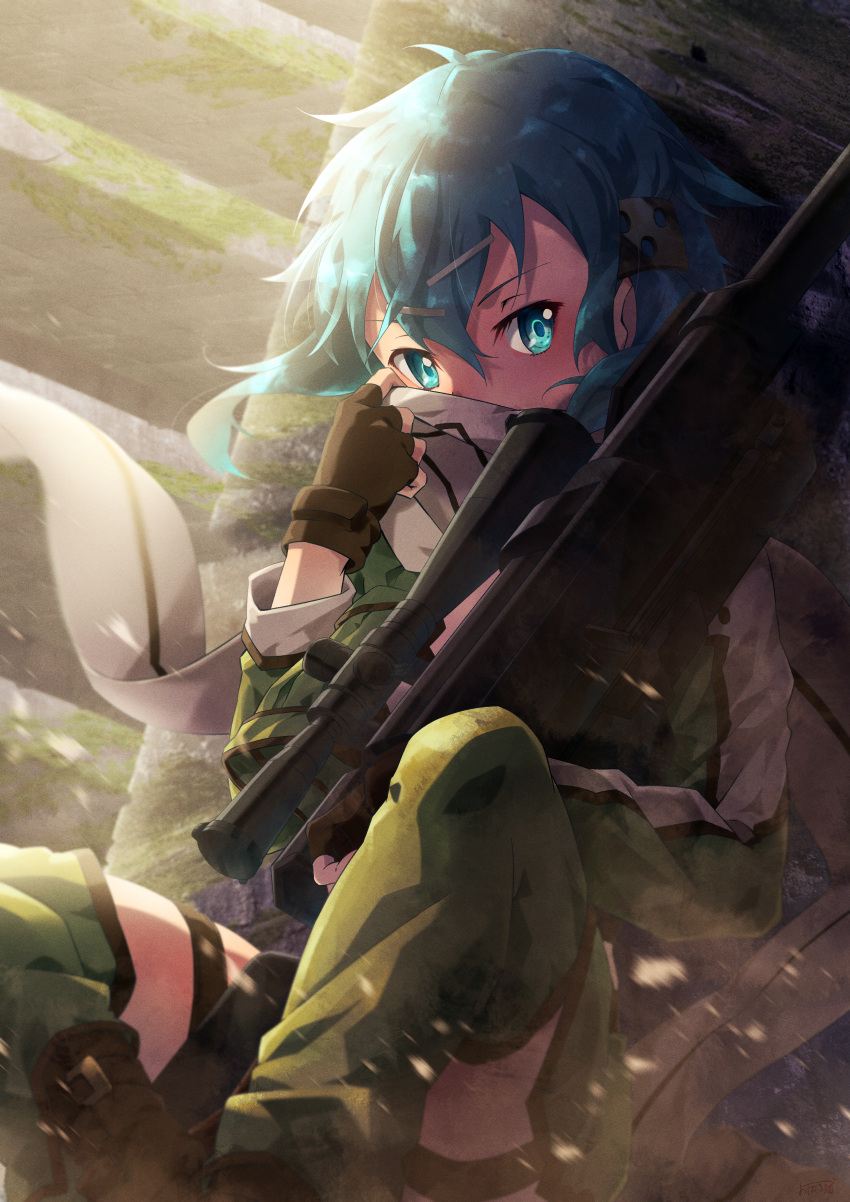 1girl absurdres black_gloves blue_eyes blue_hair covering_mouth fingerless_gloves floating_hair gloves green_jacket green_legwear grey_scarf gun hair_ornament hairclip highres holding holding_gun holding_weapon jacket long_sleeves looking_at_viewer medium_hair oboro_neko pgm_hecate_ii rifle scarf sidelocks sinon sitting sniper_rifle solo sword_art_online thigh-highs thigh_strap weapon