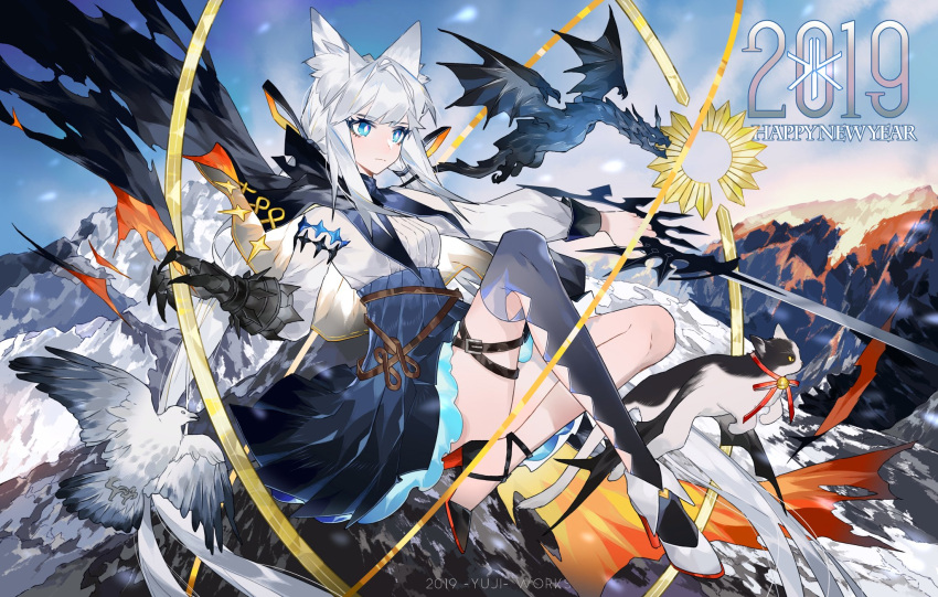 1girl 2019 animal_ears bell belt bird blue_eyes blue_skirt bright_pupils cape cat cat_ears clawed_gauntlets dragon eyebrows_visible_through_hair full_body happy_new_year high_heels highres holding holding_sword holding_weapon jewelry long_hair mountain new_year original ribbon ring serious shirt side_cutout single_thighhigh skirt sleeve_garter solo star_(symbol) sword thigh-highs very_long_hair weapon white_hair white_pupils white_shirt yuji_(fantasia)