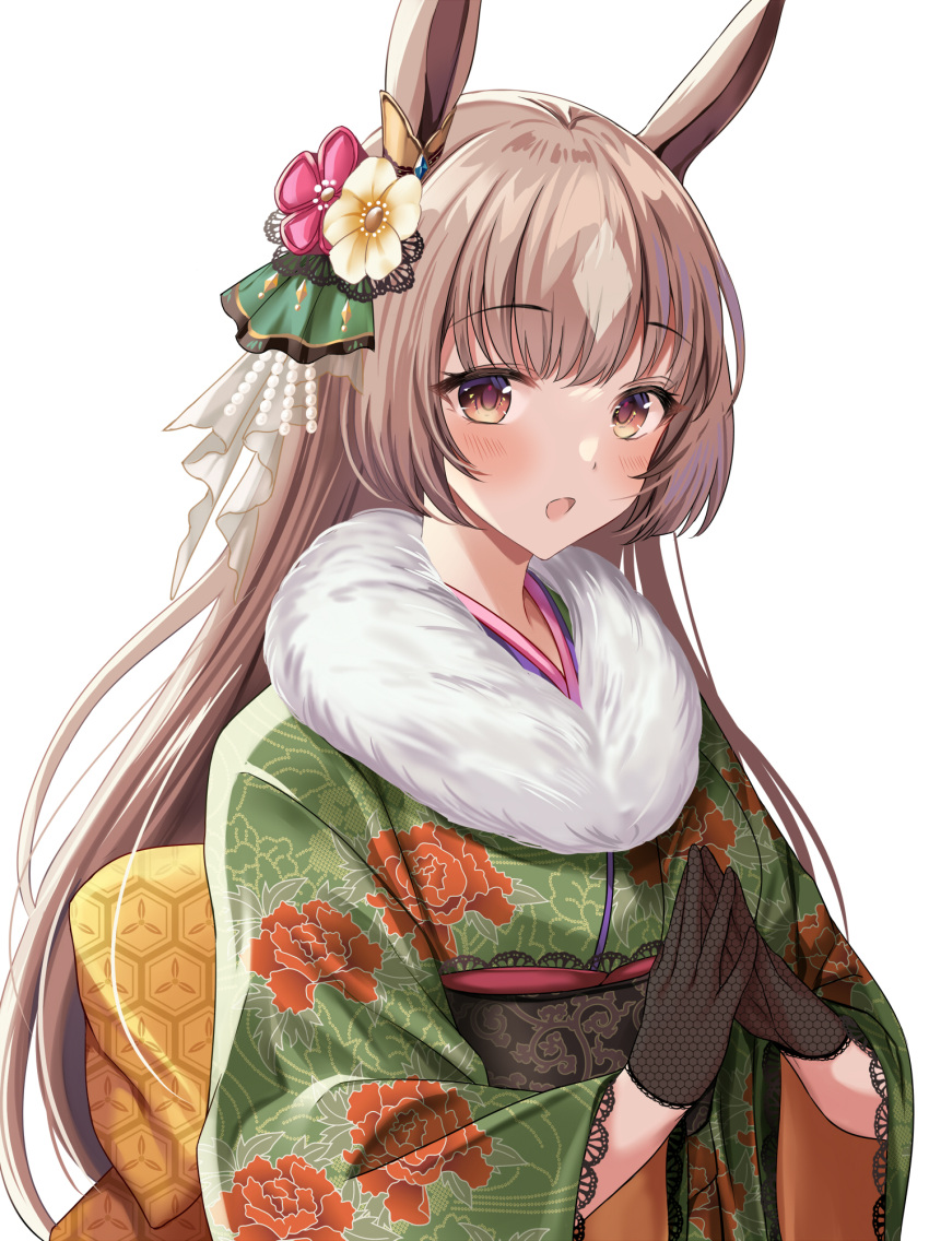 1girl animal_ears bangs black_gloves blush brown_eyes brown_hair commentary_request eyebrows_visible_through_hair fur-trimmed_collar gloves green_kimono hair_ornament harimoji highres horse_ears horse_girl japanese_clothes kimono long_hair long_sleeves looking_at_viewer open_mouth satono_diamond_(umamusume) simple_background solo umamusume upper_body white_background