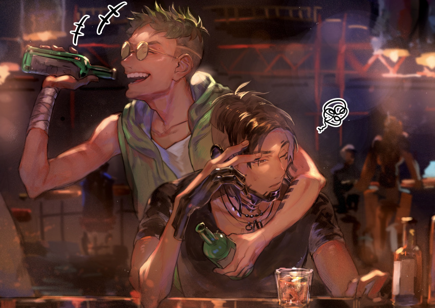 2boys ^_^ absurdres annoyed apex_legends bandaged_arm bandages black_eyes black_hair bottle closed_eyes crypto_(apex_legends) cup green_hair hand_on_own_face highres holding holding_bottle jewelry kawaniwa looking_to_the_side male_focus multiple_boys necklace octane_(apex_legends) open_mouth round_eyewear smile sunglasses undercut