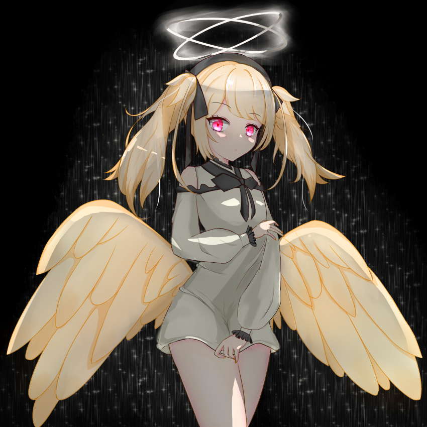 1girl absurdres angel angel_wings artist_request blonde_hair chucolala double_halo dress halo highres pale_skin red_eyes short_dress suzumiya_rin twintails virtual_youtuber wings