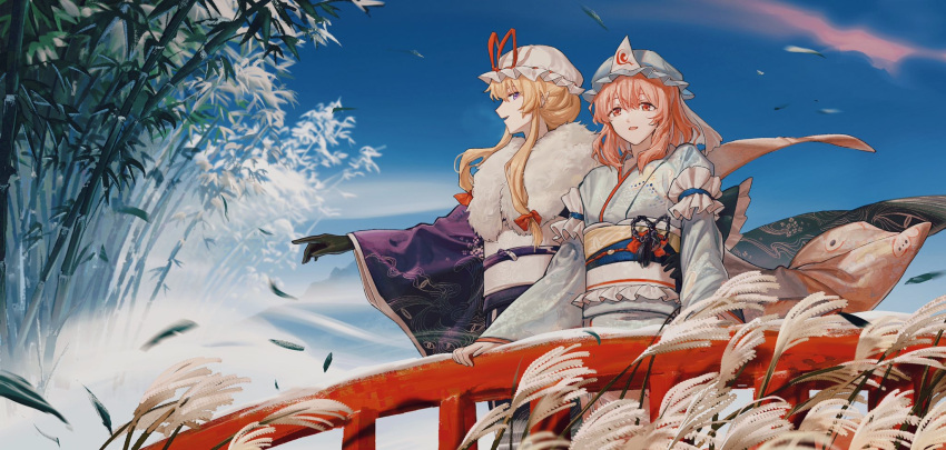 2girls alternate_costume arm_up back_bow bamboo bamboo_forest bangs belt black_bow black_gloves blonde_hair blue_belt blue_bow blue_dress blue_headwear blue_kimono blue_sky bow breasts bridge dress e_(you33ou) eyebrows_visible_through_hair forest frills gloves gradient gradient_sky hair_between_eyes hair_bow hand_up hat hat_bow highres japanese_clothes juliet_sleeves kimono leaf long_sleeves looking_at_another looking_to_the_side medium_breasts mixed-language_commentary mob_cap mountain multicolored_belt multicolored_clothes multiple_girls nature open_mouth pink_eyes pink_hair pointing puffy_sleeves purple_belt purple_dress purple_kimono red_bow saigyouji_yuyuko scenery short_hair short_hair_with_long_locks sky smile standing touhou triangular_headpiece violet_eyes white_belt white_headwear wide_sleeves yakumo_yukari yellow_belt