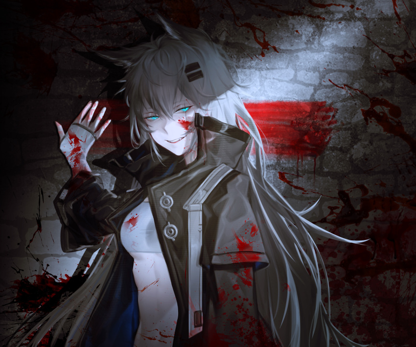 1girl absurdres animal_ears arknights black_coat blood blood_on_clothes blood_on_face blood_splatter blue_eyes breasts coat fingerless_gloves gloves grin hair_ornament hairclip high_collar highres lappland_(arknights) long_hair long_sleeves looking_at_viewer medium_breasts navel open_clothes open_coat parted_lips scar scar_across_eye silver_hair smile solo stomach stone_wall strapless teeth toned tube_top under_boob upper_body very_long_hair wall white_gloves wolf_ears xiaoye_eago