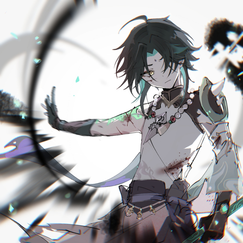 1boy ahoge arm_tattoo bangs bead_necklace beads black_hair blood blood_on_clothes closed_mouth commentary_request facial_mark forehead_mark genshin_impact gloves green_hair hair_over_one_eye highres holding holding_weapon injury jewelry male_focus multicolored_hair necklace polearm shemika98425261 sketch solo tassel tattoo torn_clothes upper_body vision_(genshin_impact) weapon xiao_(genshin_impact) yellow_eyes