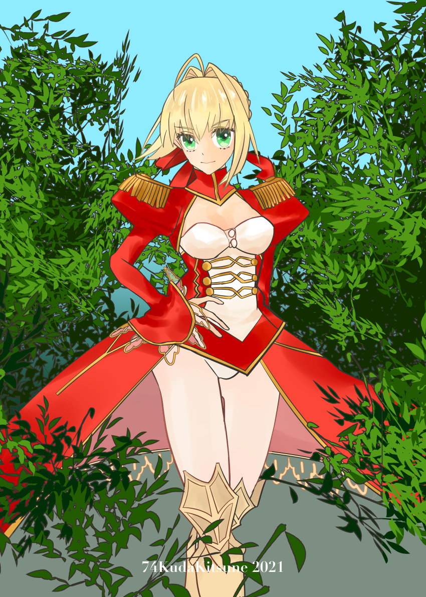 1girl 74kudakitsune aestus_estus ahoge blonde_hair braid breasts cleavage commentary_request dress epaulettes fate/extra fate/grand_order fate_(series) french_braid green_eyes hair_intakes hair_ribbon juliet_sleeves large_breasts long_sleeves nero_claudius_(fate) nero_claudius_(fate)_(all) open_mouth puffy_sleeves red_dress red_ribbon ribbon saber_extra see-through solo wide_sleeves