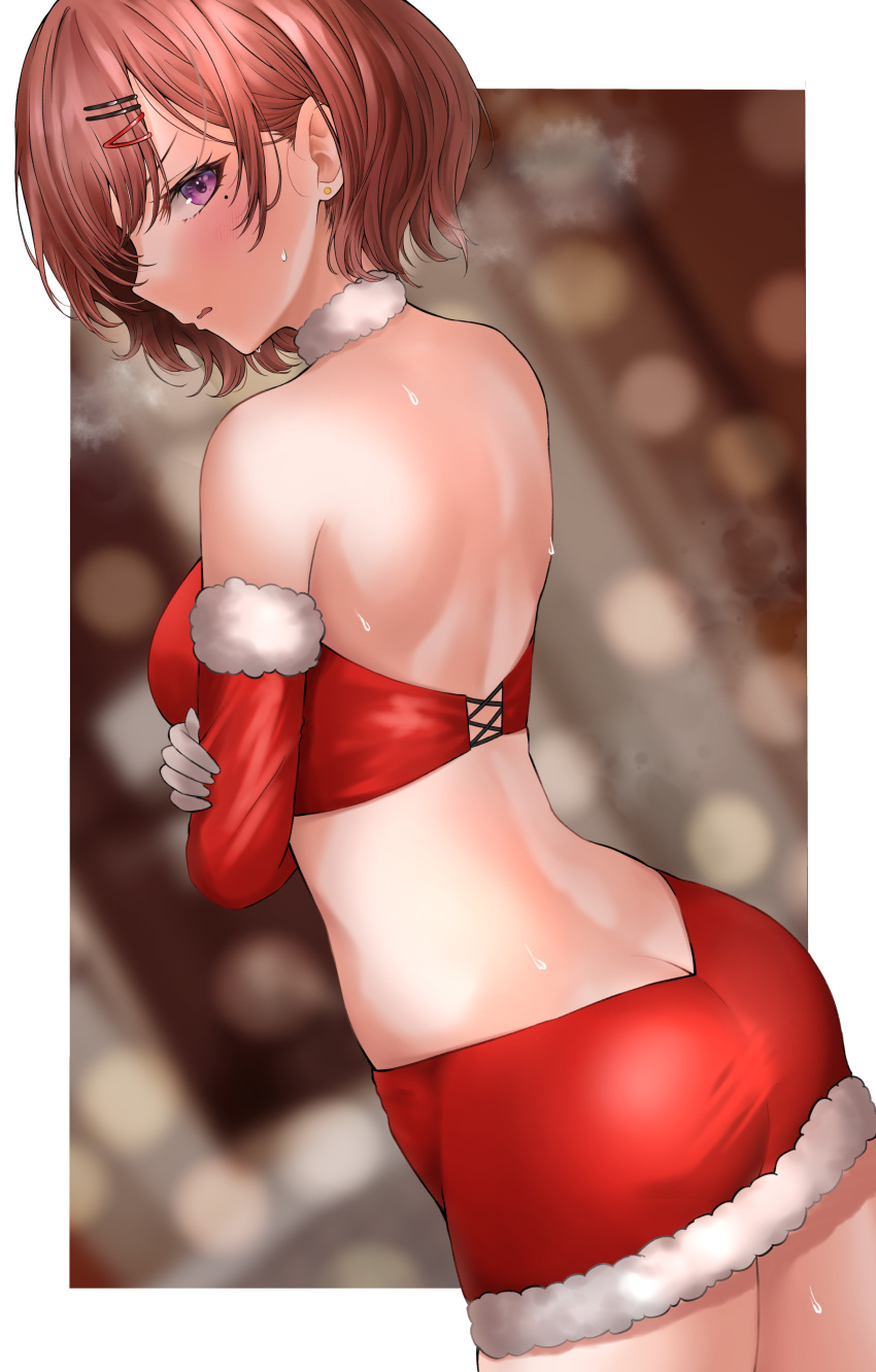 1girl absurdres ass back bare_shoulders blurry blurry_background blush border breasts butt_crack cowboy_shot crossed_arms depth_of_field dstwins97 dutch_angle elbow_gloves embarrassed from_behind fur-trimmed_gloves fur-trimmed_skirt fur_trim gloves hair_ornament hairclip highres higuchi_madoka idolmaster idolmaster_shiny_colors looking_at_viewer looking_back medium_breasts miniskirt outside_border parted_lips red_gloves red_skirt revision short_hair skirt solo steaming_body sweat v-shaped_eyebrows violet_eyes white_border