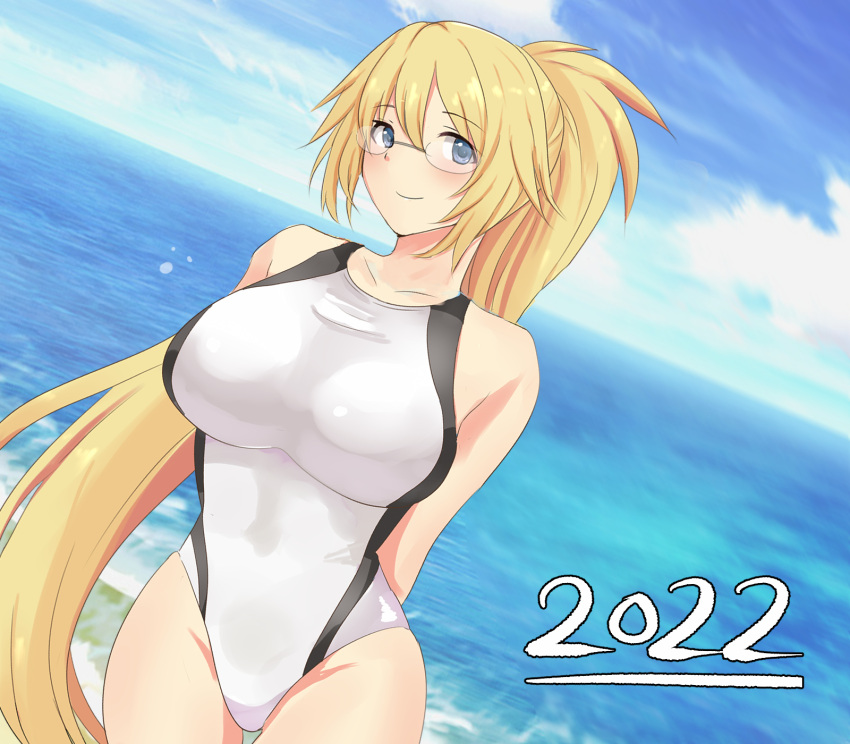 1girl 2022 black_swimsuit blonde_hair blue_eyes blue_sky breasts clouds competition_swimsuit covered_navel day fate/grand_order fate_(series) glasses highres jeanne_d'arc_(fate) jeanne_d'arc_(swimsuit_archer)_(fate) large_breasts long_hair multicolored_clothes multicolored_swimsuit ocean one-piece_swimsuit outdoors pachio ponytail sky solo swimsuit very_long_hair white_swimsuit