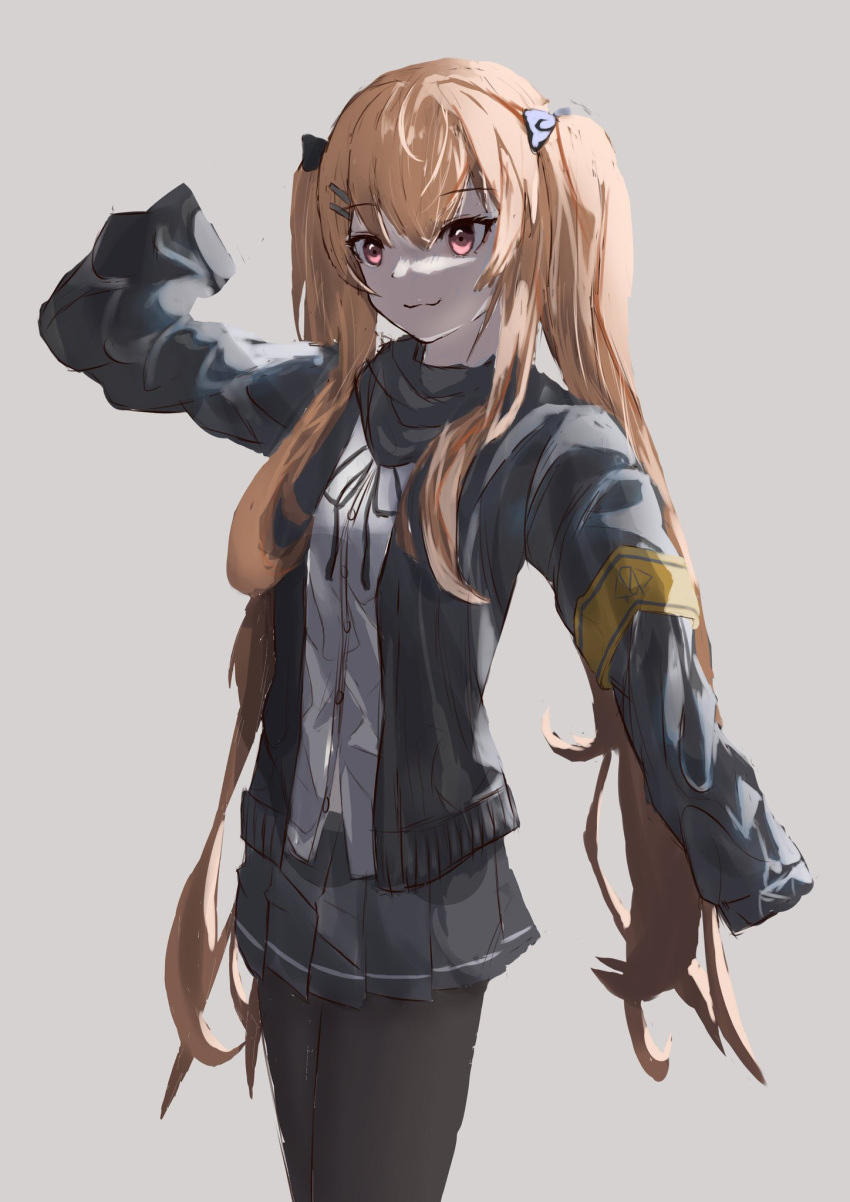1girl bangs black_jacket black_legwear black_scarf black_skirt bow brown_hair closed_mouth eyebrows_visible_through_hair feet_out_of_frame girls_frontline grey_background hair_bow hair_ornament hairclip highres jacket long_hair looking_away open_clothes open_jacket pantyhose scarf shirt skirt smile solo standing twintails ump9_(girls'_frontline) uwu violet_eyes wh1te white_shirt