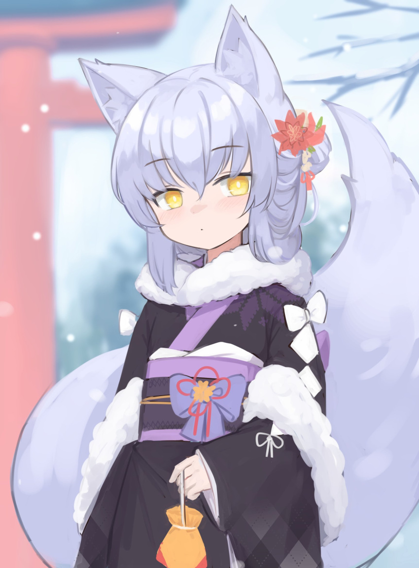 1girl animal_ear_fluff animal_ears bangs black_kimono blurry blurry_background commentary dot_mouth english_commentary eyebrows_visible_through_hair flower fox_ears fox_girl fox_tail fur_collar hair_between_eyes hair_flower hair_ornament hair_up highres japanese_clothes kimono klaius large_tail looking_at_viewer obi original sash silver_hair snowing solo tail torii wide_sleeves yellow_eyes