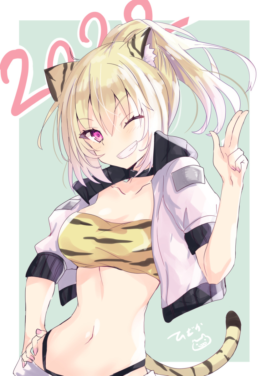 1girl 2022 animal_ear_fluff animal_ears animal_print bangs black_collar blonde_hair breasts chinese_zodiac collar collarbone commentary_request cropped_jacket eyebrows_visible_through_hair green_background grin hair_between_eyes hand_on_hip hand_up highleg highres hizaka jacket looking_at_viewer medium_breasts naked_shirt navel open_clothes open_jacket original pink_nails ponytail puffy_short_sleeves puffy_sleeves shirt short_sleeves smile solo tail tiger_ears tiger_girl tiger_print tiger_tail two-tone_background violet_eyes white_background white_jacket year_of_the_tiger