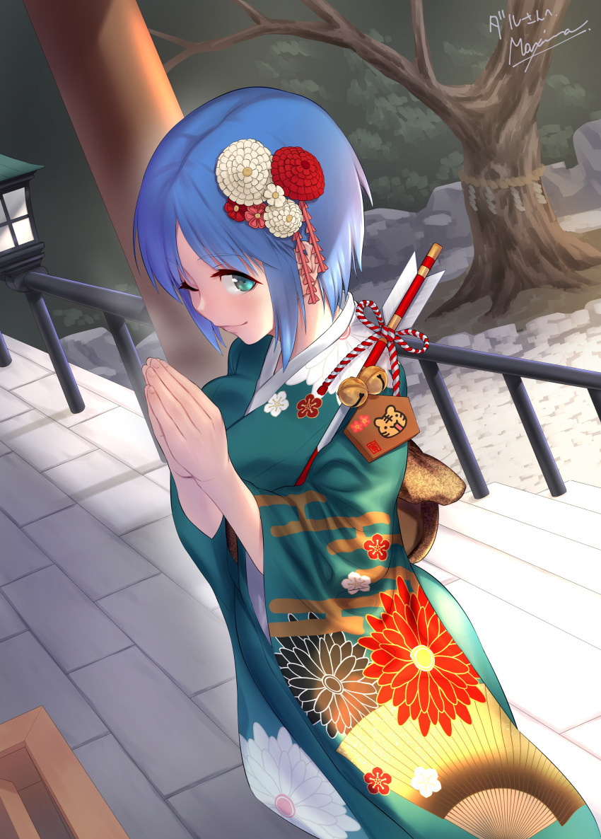 1girl absurdres bare_tree blue_eyes blue_hair breasts commission from_side green_kimono highres japanese_clothes kashiwagi_haruko kimono lantern looking_to_the_side makishima_azusa medium_breasts muvluv one_eye_closed own_hands_together second-party_source shadow short_hair skeb_commission smile solo tree