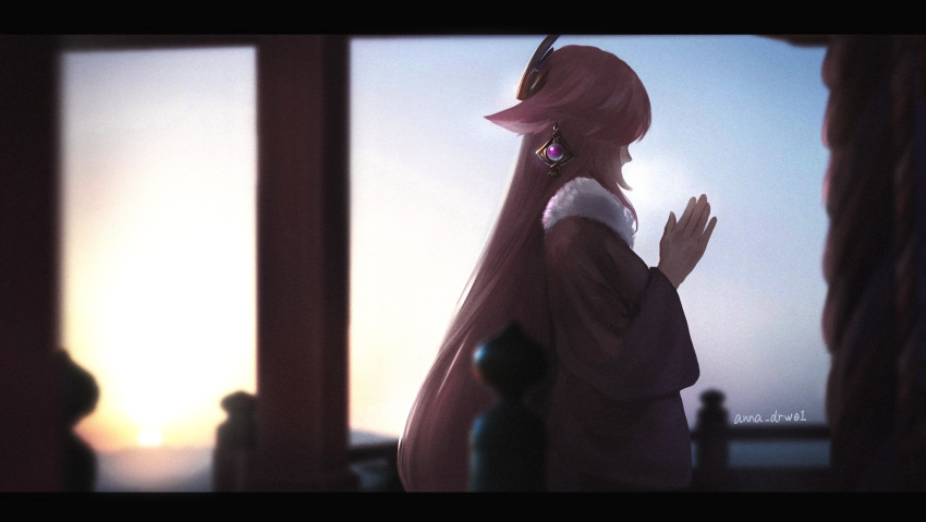 1girl alternate_costume animal_ears anna_(drw01) bangs commentary_request earrings fox_ears fox_girl from_side fur_collar genshin_impact highres jewelry letterboxed long_hair long_sleeves new_year outdoors own_hands_together pink_hair praying profile sky solo sunrise twitter_username very_long_hair yae_(genshin_impact)