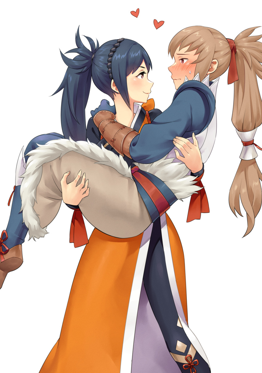 1boy 1girl absurdres blue_hair blush carrying carrying_person commission commissioner_upload embarrassed fire_emblem fire_emblem_fates fire_emblem_heroes full-face_blush gloves highres igni_tion japanese_clothes kimono long_hair looking_at_another oboro_(fire_emblem) orange_kimono ponytail princess_carry red_eyes role_reversal smile takumi_(fire_emblem) very_long_hair