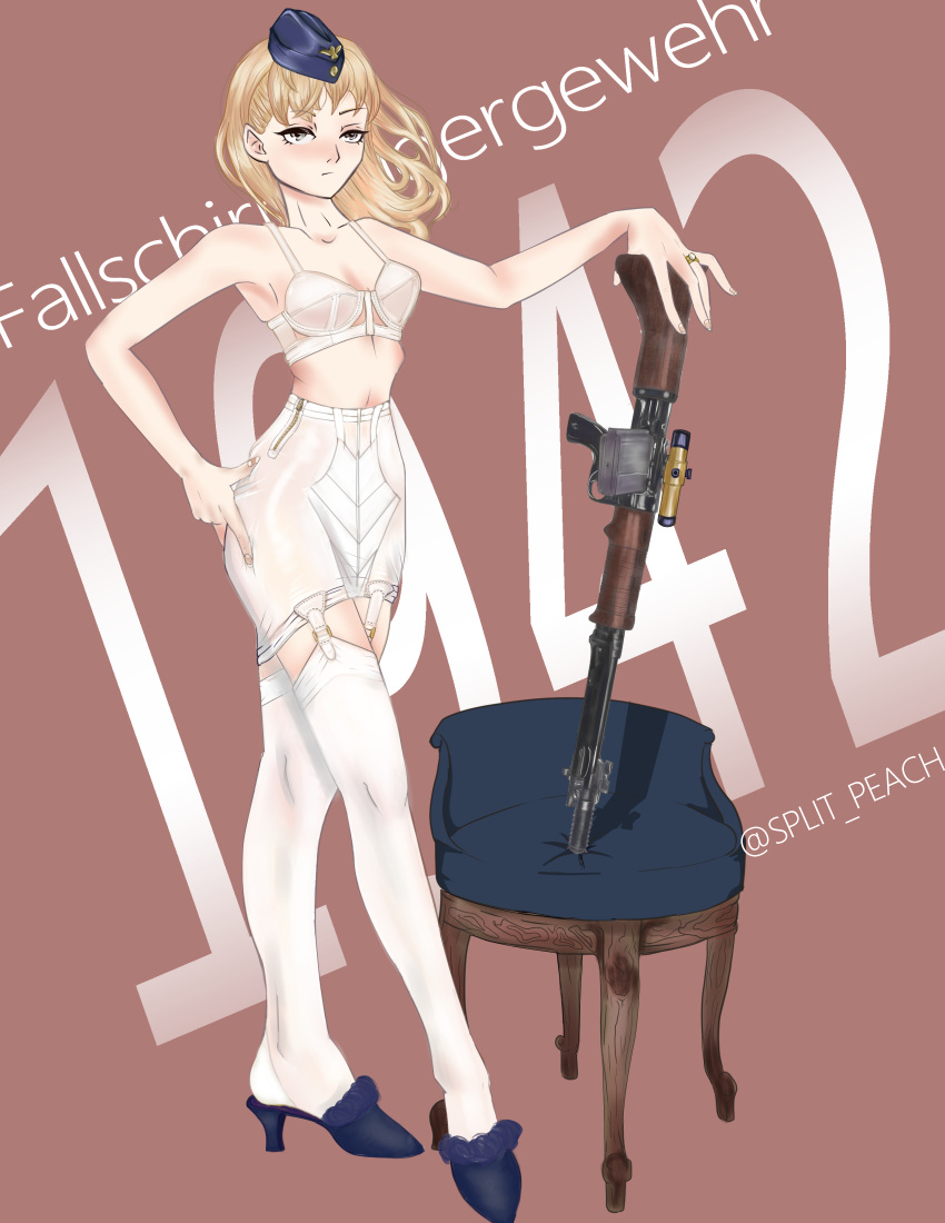 1942 1girl absurdres assault_rifle bangs bare_shoulders battle_rifle blonde_hair blue_headwear blush bra breasts closed_mouth collarbone eyebrows_visible_through_hair fg42 fg42_(girls'_frontline) full_body garter_straps german_text girls_frontline grey_eyes gun hand_on_hip hat highres holding holding_gun holding_weapon jewelry long_hair looking_at_viewer military_hat rifle ring simple_background solo split_peach standing thigh-highs twitter_username underwear vintage_clothes weapon white_bra white_legwear