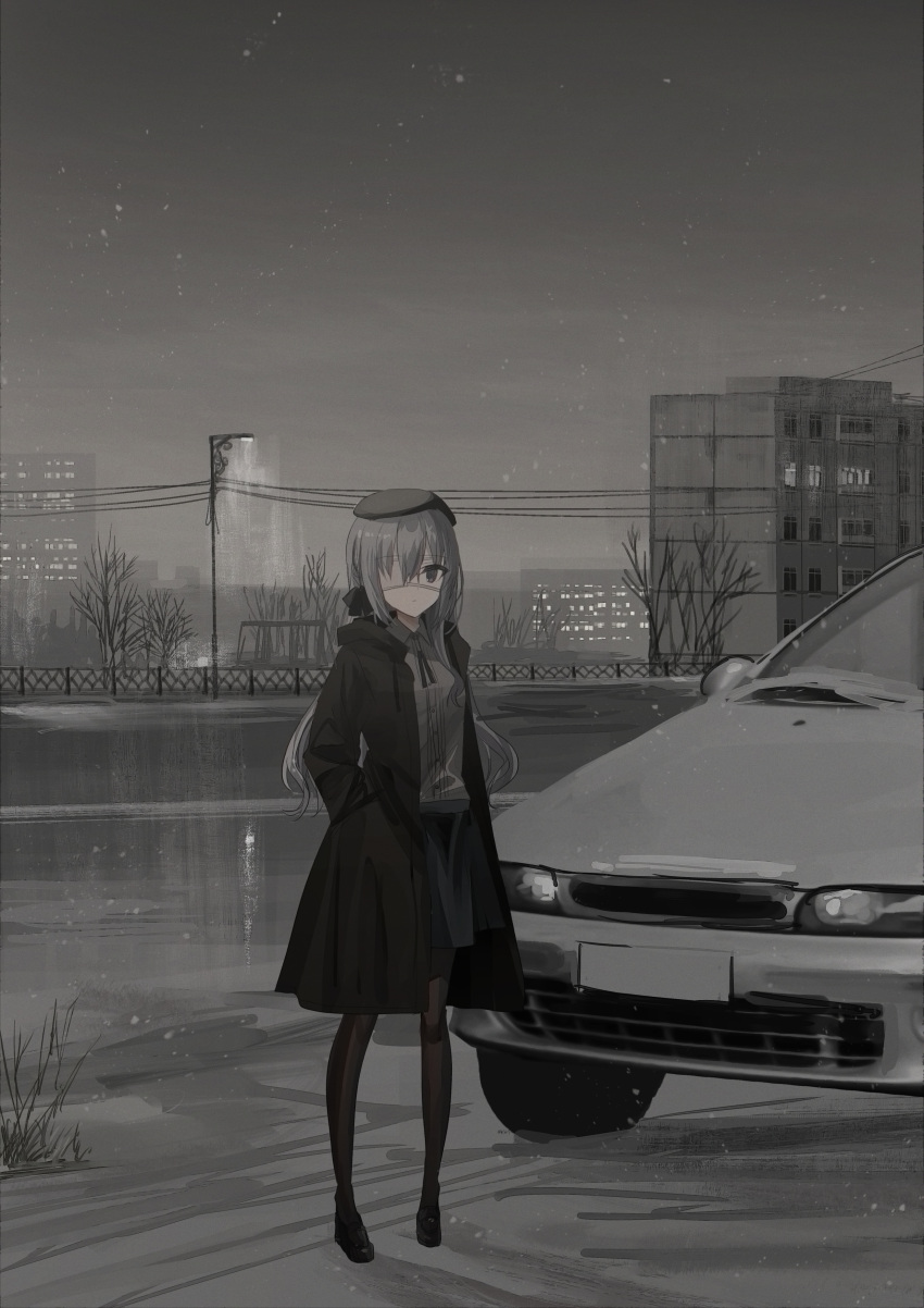 1girl absurdres bare_tree black_footwear black_jacket black_legwear black_skirt breasts building car chihuri collared_shirt commentary dress_shirt english_commentary eve_(chihuri) fence grey_shirt ground_vehicle hands_in_pockets highres jacket lamppost loafers motor_vehicle night open_clothes open_jacket original outdoors overcast pantyhose pleated_skirt power_lines shirt shoes skirt small_breasts snow snowing solo standing tree vehicle_request