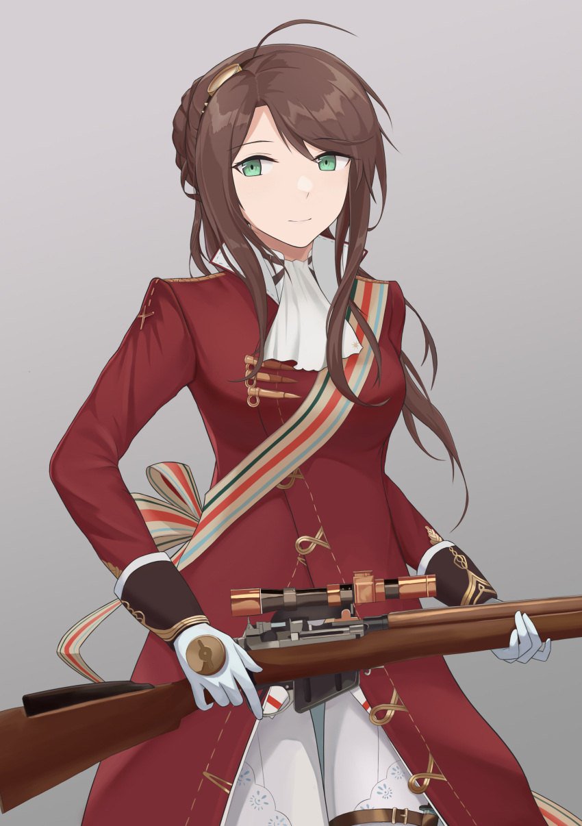 1girl absurdres bangs bolt_action brown_hair bullet closed_mouth eyebrows_visible_through_hair feet_out_of_frame girls_frontline gloves green_eyes grey_background gun hair_ornament highres holding holding_gun holding_weapon lee-enfield lee-enfield_(girls'_frontline) long_hair looking_away military military_uniform pants red_uniform rifle smile solo standing the_void_to_fly uniform weapon white_gloves white_pants